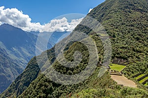 Choquequirao ancient archaeological complex that towers above the Apurimac River canyon and rests atop a flattened hill