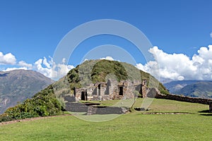 Choquequirao ancient archaeological complex that towers above the Apurimac River canyon and rests atop a flattened hill