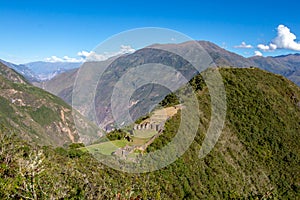 Choquequirao ancient archaeological complex that towers above the Apurimac River canyon and rests atop a flattened hill