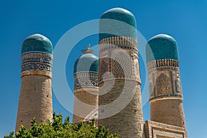 Chor Minor is historic gatehouse for now-destroyed madrasa, Bukhara, Uzbekistan