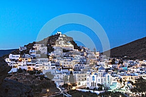 Chora in greek cyclades Island of Ios village at blue hour, Greece