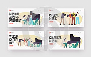 Choral Music Landing Page Template Set. Choir Singers Characters Singing in Chorus with Musical Accompaniment