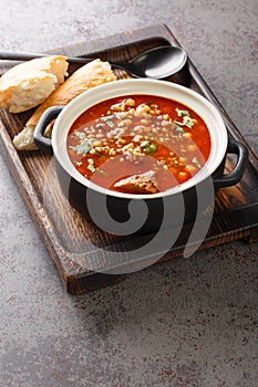 Chorba Hamra bel Frik Algerian Lamb, Tomato, and Freekeh Soup close-up in a plate. Vertical