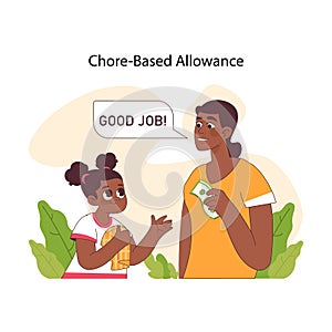 Chore-based allowance concept. Proud mother rewards diligent daughter