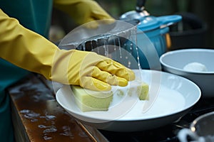 Daily chore closeup Gloved hand wields a sponge, post meal cleanup in the kitchen
