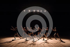 A choreographed dance of a group of graceful pretty young ballerinas practicing on stage in a classical ballet school.