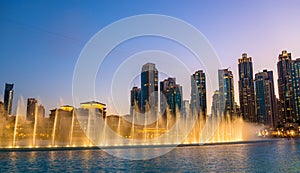 Choreographed Dubai Fountain in the evening
