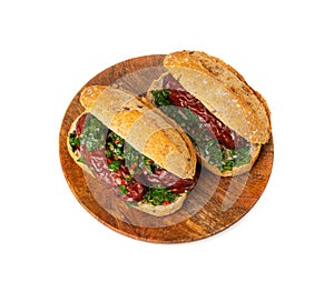 Choripan Sausage Sandwich Isolated, Traditional Chimichurri Bread with Chorizo and Chimichurri