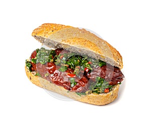 Choripan Sausage Sandwich Isolated, Traditional Chimichurri Bread with Chorizo and Chimichurri