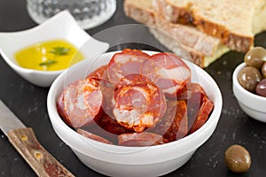 Chorizo in bowl with oil