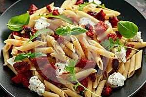 Chorizo, Penne pasta with creamy ricotta cheese and greens