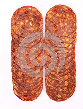 Chorizo sausage in slices, isolated. Meat cold cuts, spicy salami on white background. Packshot photo for package design