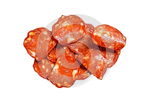 Chorizo sausage thin cut. Spanish salami with spices, paprika, pepper. Spicy food. Isolated on white background. Top