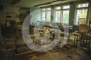 Chornobyl exclusion zone. Radioactive zone in Pripyat city - abandoned ghost town. Chernobyl history of catastrophe photo