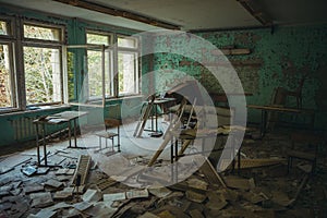 Chornobyl exclusion zone. Radioactive zone in Pripyat city - abandoned ghost town. Chernobyl history of catastrophe