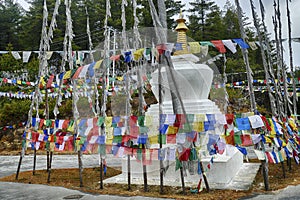 Chorten and  prayer flags  in the snow repeating mantra