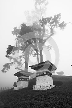 The Chortens of Dochu La , Bhutan, black and white