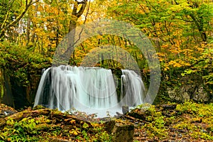 Choshi Otaki Waterfalls in the colorful foliage of autumn forest