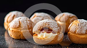 Choux au Craquelin: A display of choux pastry puffs, sugar-coated shells encasing cream filling photo