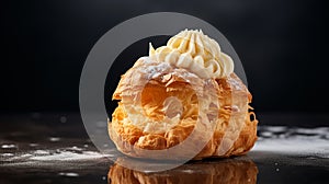 Choux au Craquelin: A display of choux pastry puffs, sugar-coated shells encasing cream filling photo