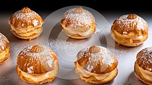 Choux au Craquelin: A display of choux pastry puffs, sugar-coated shells encasing cream filling photo