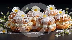 Choux au Craquelin: A display of choux pastry puffs, sugar-coated shells encasing cream filling photo