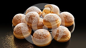 Choux au Craquelin: A display of choux pastry puffs, sugar-coated shells encasing cream filling photo