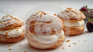 Choux au Craquelin: A display of choux pastry puffs, sugar-coated shells encasing cream filling photo