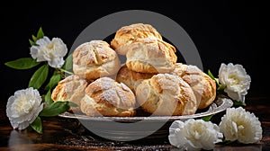 Choux au Craquelin: A display of choux pastry puffs, sugar-coated shells encasing cream filling photo