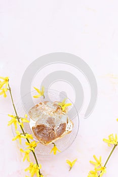 Choux Bun with whipped cream and sugar powder on top. Choux pastry dessert. French cream puff