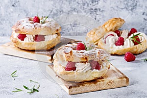 Choux cake Paris Brest with raspberries