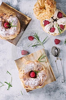 Choux cake Paris Brest with raspberries