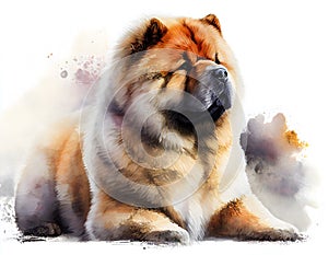 The Chow Chow dog painted in the way of chinese style sitting with a dignified look.