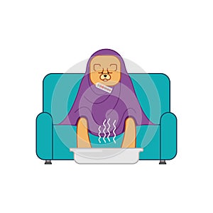Chow Chow sick sitting in armchair. Dog illness sneezing. Unhappy pet having flu sitting on sofa. Vector illustration