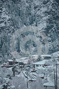 Old Britishers route on the way to kullu from Shimla and beautiful Chowani village all covered with snow located near Jalori pass.