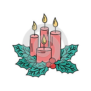 Chrismas candles and holly leaves doodles isolated. Vector illustration of four candles and ilex leaves. Cute hand drawn