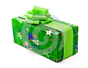 Chrismas gift wrapped in green paper with bows