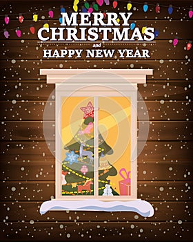 Chrismas window, night, decoraions garland retro, living room christmas tree. Xmas and new Year holiday celebration