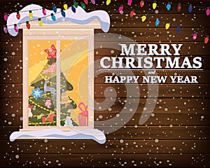 Chrismas window, night, decoraions garland retro, living room christmas tree. Xmas and new Year holiday celebration