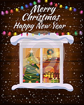 Chrismas window, night, decoraions garland retro, living room christmas tree. Xmas and new Year holiday celebration