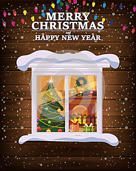 Chrismas window, night, decoraions garland retro, living room christmas tree. Xmas and new Year holiday celebration photo