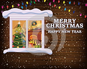 Chrismas window, night, decoraions garland retro, living room christmas tree. Xmas and new Year holiday celebration photo