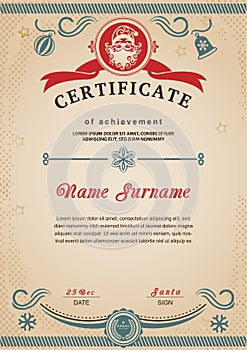 Chrismtas old fairytale certificate. Santa Claus stamp, Vintage border.