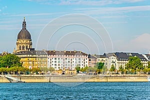 Christ church in Mainz viewed behind river Rhein, germany