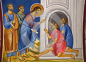 Christ healing the paralytic, fresco in the Church of Saint Paraskeva of the Balkans near Saint Naum Monastery, Ohrid in Macedonia