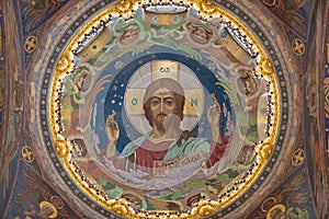 Christ Pantocrator under central dome in Russian Orthodox Church of the Savior on Spilled Blood in Saint Petersburg, Russia photo