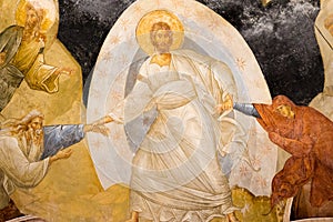 Christ is pulling Adam and Eve from the underworld, an old fresco