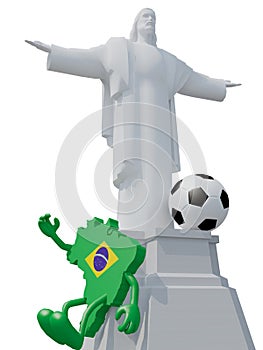 Christ the Redeemer with soccer ball and brasil map cartoon on b