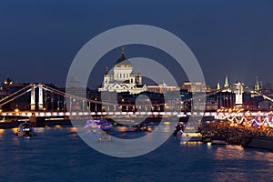 Christ the Savior Cathedral, Moskva river and Krymean bridgein evening blue twilight in Moscow