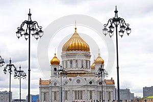 Christ the Savior Church in Moscow, Russia. Vintage street lights.